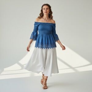 NWT Rouge Helium Vibrant Blue Lace Blouse Boho whimsical stretchy comfortable